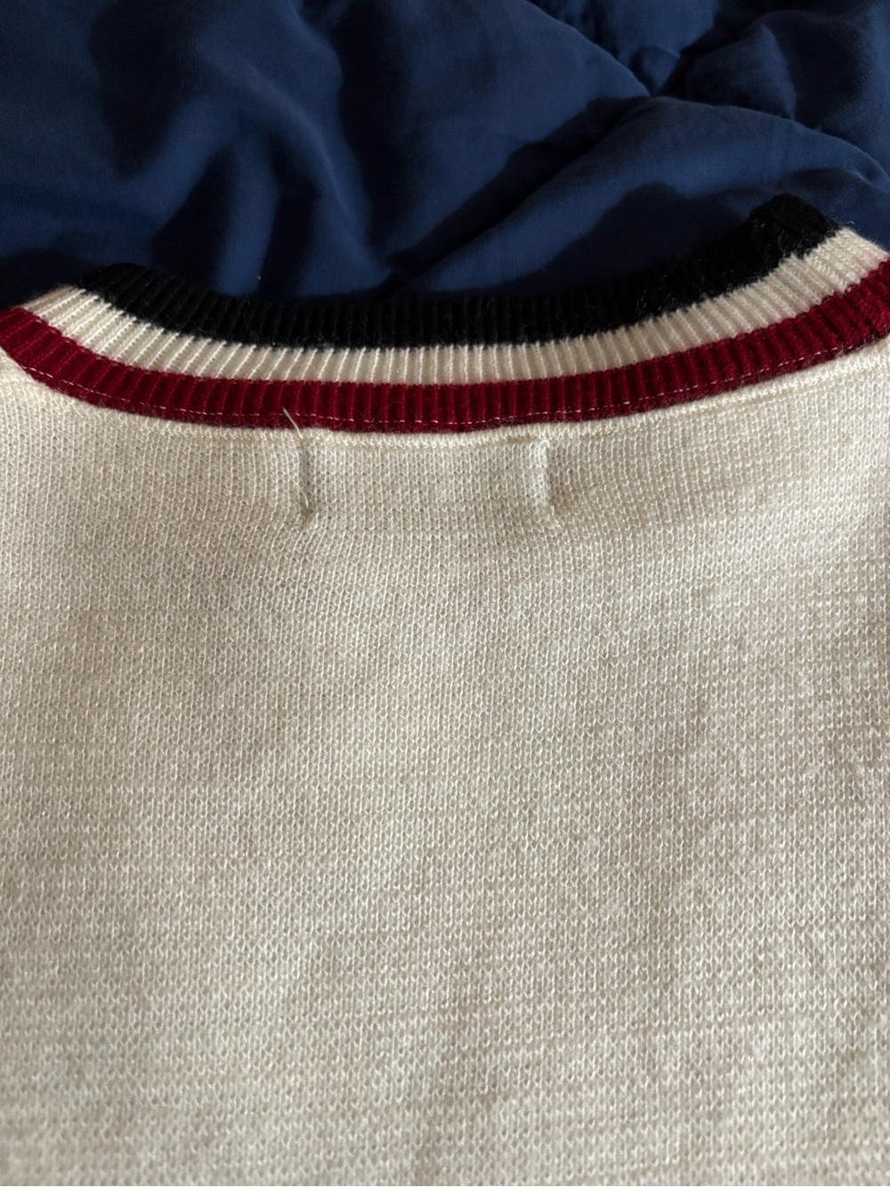 Puritan Cream Sweater with Bowling Red and Blue Strips Edge - Picture 14 of 16